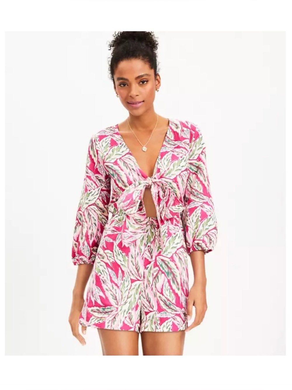 LOFT Beach Palm Pink Leaf-Print Tie-Front Swim Coverup Romper NWT